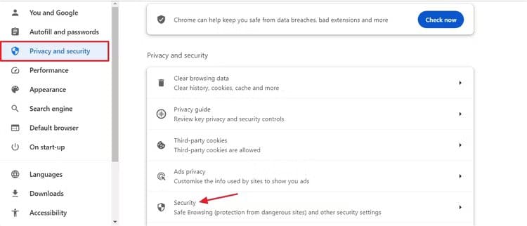 security-option-in-chrome-settings-menu كيفية تجاوز رسالة "فشل - تم اكتشاف فيروس" في Chrome عند تنزيل الملفات
