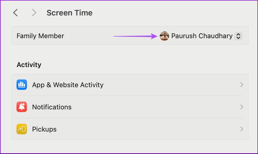select-child-account-in-screen-time-mac كيفية إعداد أدوات الرقابة الأبوية على Mac