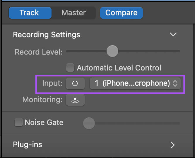 select-input-garageband-mac 3 أفضل الطرق لتسجيل الصوت على Mac