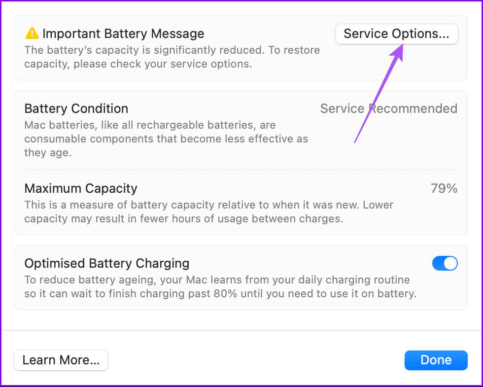 service-options-battery-mac ماذا تعني خدمة البطارية الموصى بها على Mac