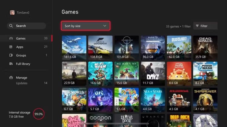 sort_by_size كيفية تحرير مساحة التخزين على جهاز Xbox Series X|S