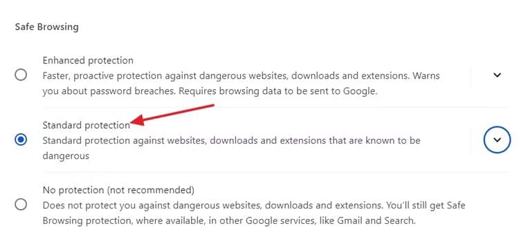 standard-protection-option-chrome-settings-menu كيفية تجاوز رسالة "فشل - تم اكتشاف فيروس" في Chrome عند تنزيل الملفات