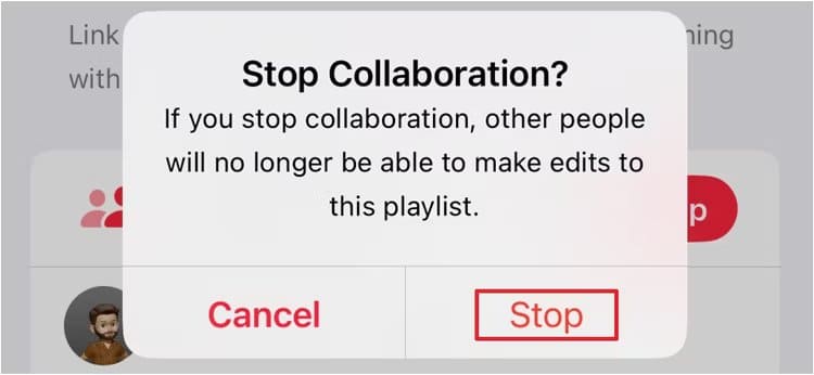 stop-option-in-the-corfiramtion-box كيفية استخدام قوائم التشغيل التعاونية على Apple Music