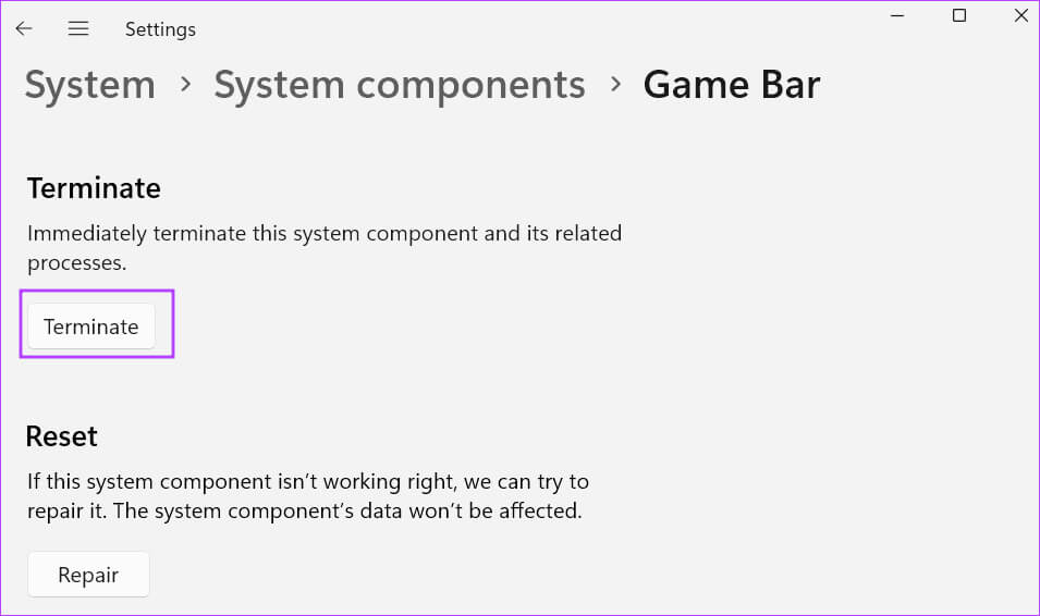 terminste-Windows-Game-Bar أفضل 7 إصلاحات لـ "Streamlabs Not Capture Game" في Windows 11
