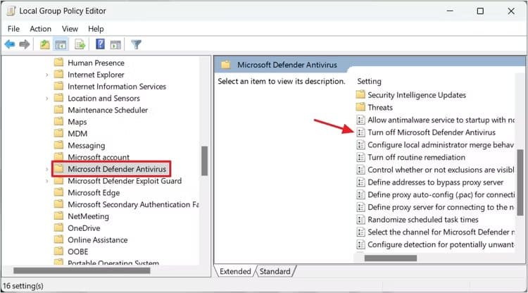 turn-off-microsoft-defender-antivirus-policy-in-the-local-group-policy-editor كيفية تعطيل برنامج Microsoft Defender بشكل دائم على Windows 11