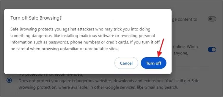 turn-off-option-in-the-turn-off-safe-browsing-prompt كيفية تجاوز رسالة "فشل - تم اكتشاف فيروس" في Chrome عند تنزيل الملفات