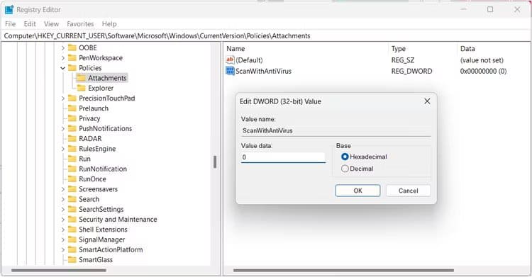 typing-0-in-the-value-data-field-of-scanwithantivirus-value كيفية تجاوز رسالة "فشل - تم اكتشاف فيروس" في Chrome عند تنزيل الملفات