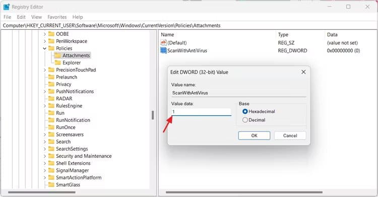 typing-1-in-the-value-data-field-of-scanwithantivirus-value كيفية تجاوز رسالة "فشل - تم اكتشاف فيروس" في Chrome عند تنزيل الملفات