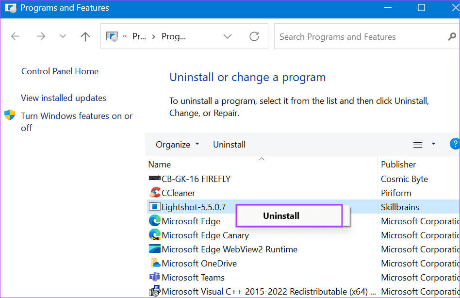 uninstall-lightshot-2 أفضل 6 إصلاحات لعدم عمل Lightshot على Windows 11