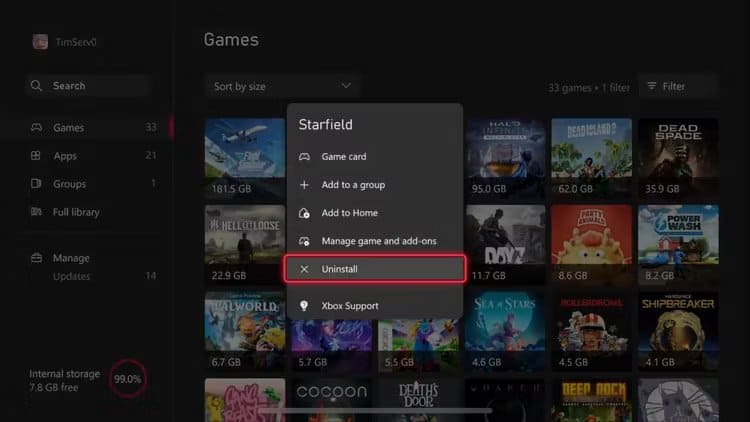 uninstall_game كيفية تحرير مساحة التخزين على جهاز Xbox Series X|S