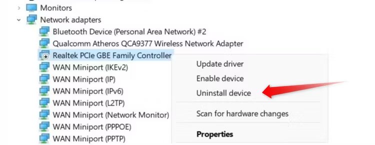 uninstalling-the-ethernet-driver-in-device-manager كيفية إصلاح تعطل اتصال Ethernet على Windows 11