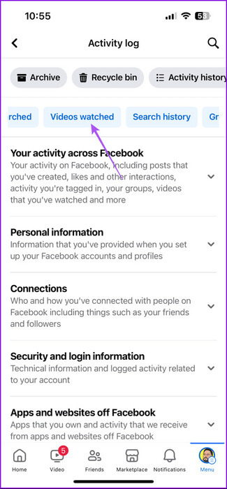 videos-watched-activity-log-facebook-mobile-475x1024-1 كيفية حذف سجل مشاهدة Facebook على الهاتف المحمول وسطح المكتب