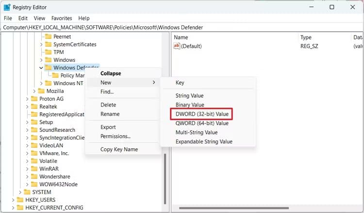 windows-defender-key-in-the-registry-editor كيفية تعطيل برنامج Microsoft Defender بشكل دائم على Windows 11