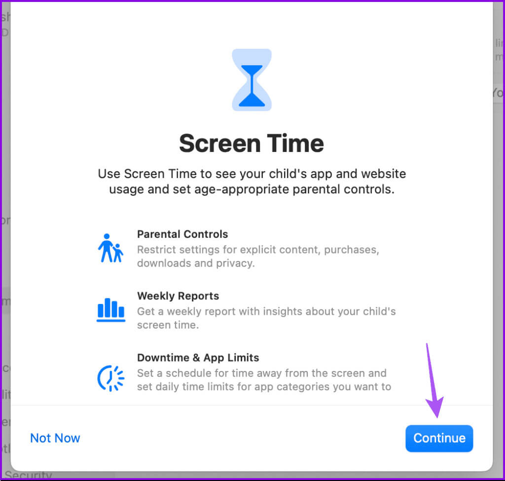 with-border-continue-screen-time-setup-child-account-mac-1024x975-1 كيفية إعداد أدوات الرقابة الأبوية على Mac