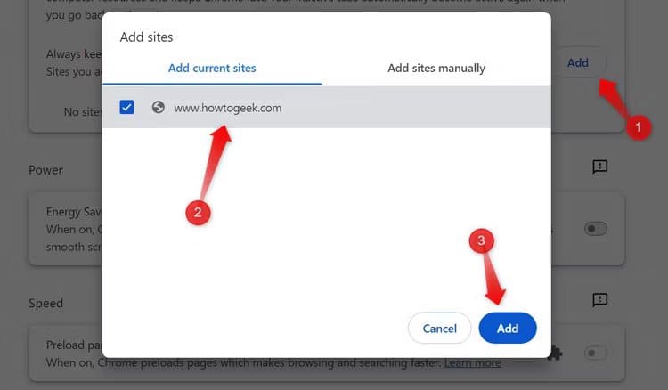 3-whitelisting-a-website-from-memory-saver-in-chrome-settings كيفية إصلاح علامات التبويب التي يتم تحديثها تلقائيًا في Chrome