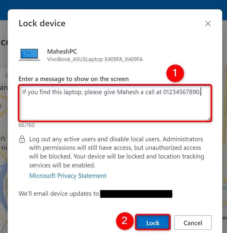 7-add-message-lock-device كيفية تمكين واستخدام العثور على جهازي على Windows 11