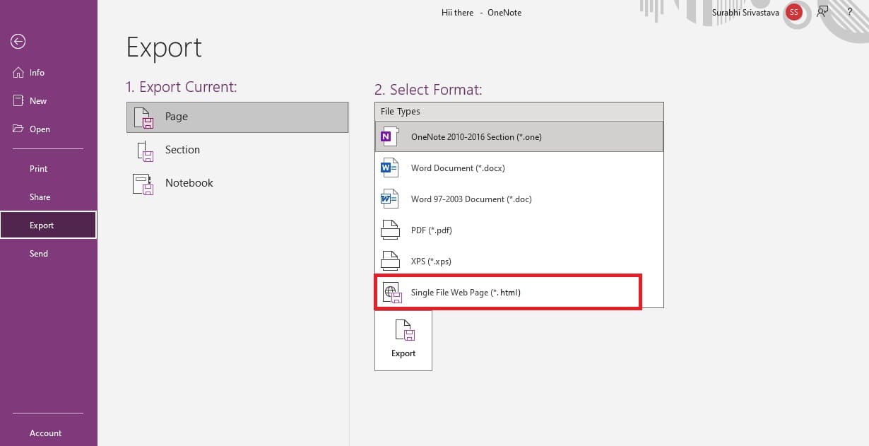 Click-on-Page-and-select-HTML-format كيفية تصدير OneNote على Windows 10