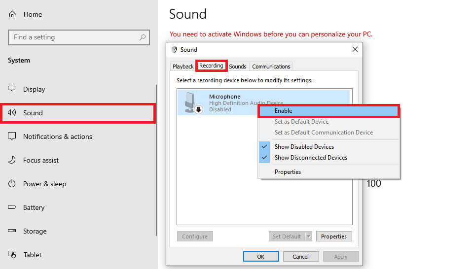 Click-on-Recording-from-the-top-tab-right-click-on-your-preferred-recording-tool-and-select-Enable-e1713505781479 كيفية تسجيل MP3 على Windows 10