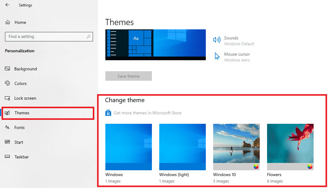 Click-on-Themes-from-the-left-menu.-Scroll-down-and-select-any-theme-of-your-choice-under-Change-theme كيفية العثور على السمات المخزنة في ويندوز 10