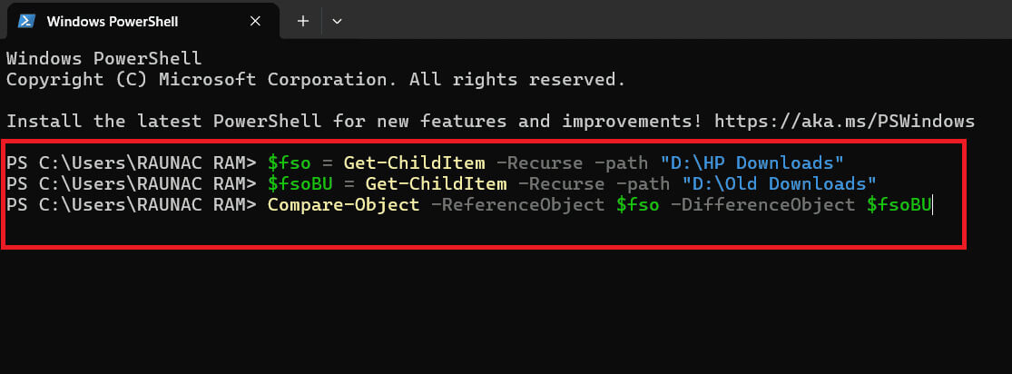 Compare-two-folders-via-Windows-Powershell كيفية إجراء مقارنة بين مجلدين على نظام التشغيل Windows 10 بسهولة