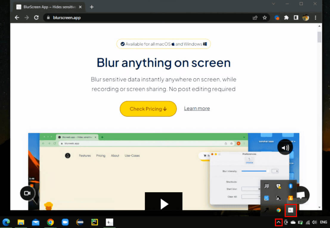 Now-click-on-the-Show-hidden-icon-located-in-the-taskbar-of-your-PC-and-select-the-BlurScreen-icon كيفية إخفاء علامات التبويب في Chrome على Windows 10