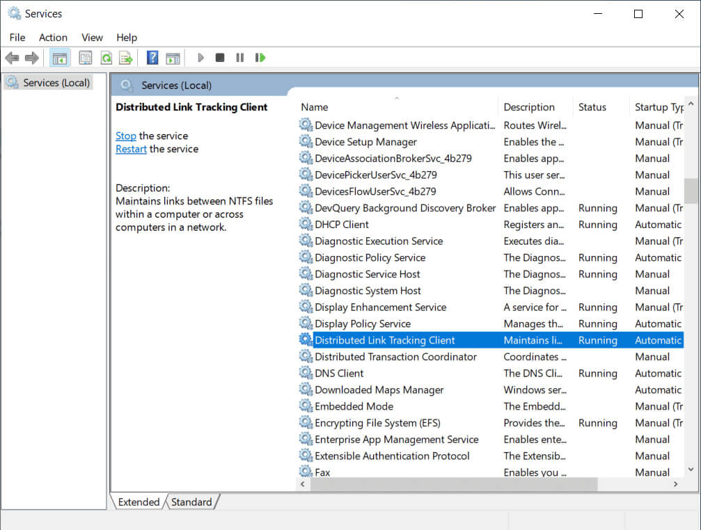 Scroll-down-and-click-on-Distributed-Link-Tracking-Client ما هو TrkWks Windows 10