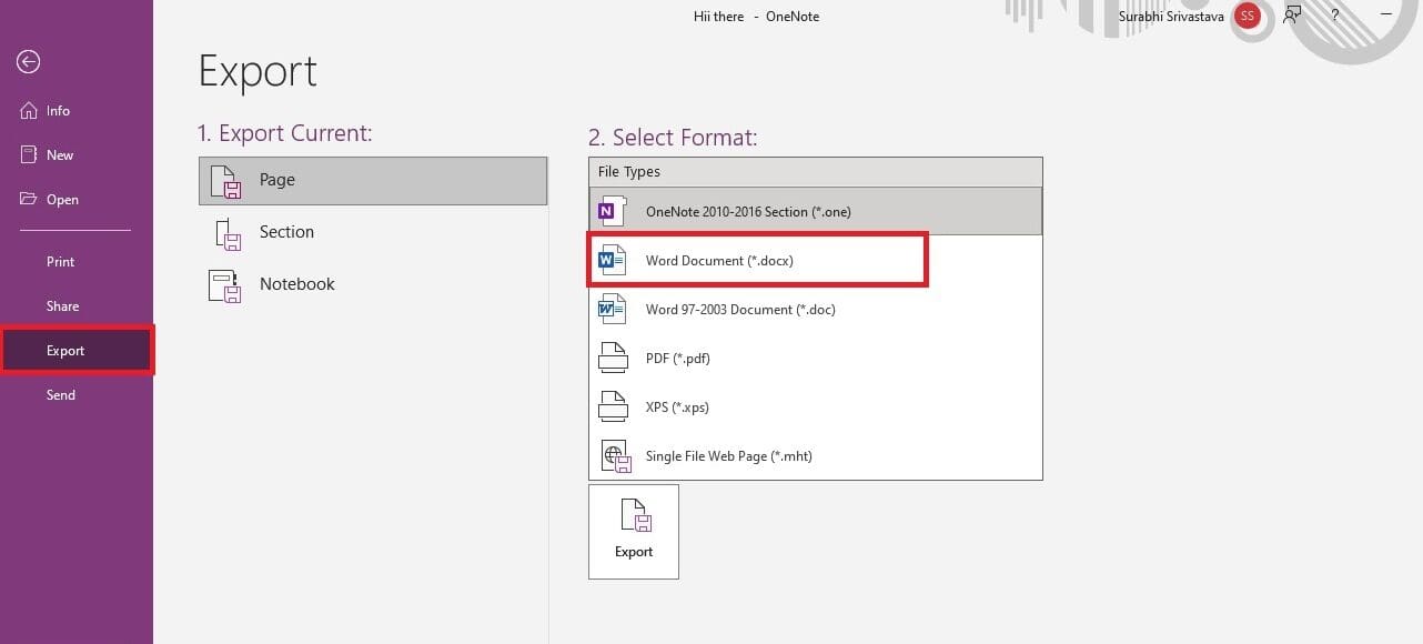 Select-Export-from-the-sidebar-menu.-Select-Word-Document-as-the-output-format كيفية تصدير OneNote على Windows 10