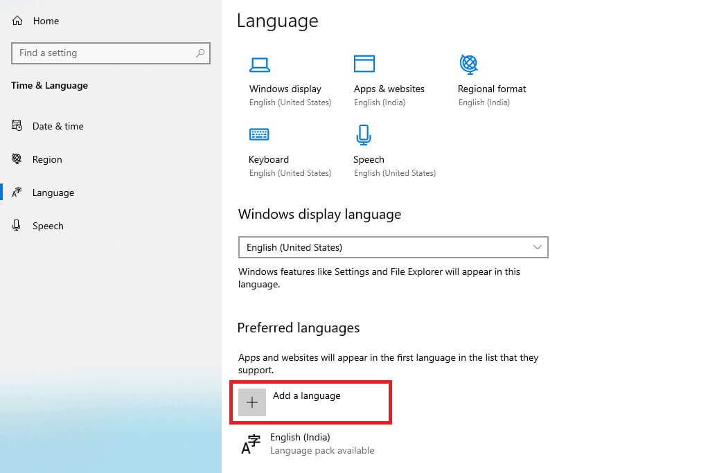 Select-Language-from-the-left-menu-and-click-Add-a-language-under-Preferred-languages كيفية إضافة لوحة المفاتيح الكورية على Windows 10