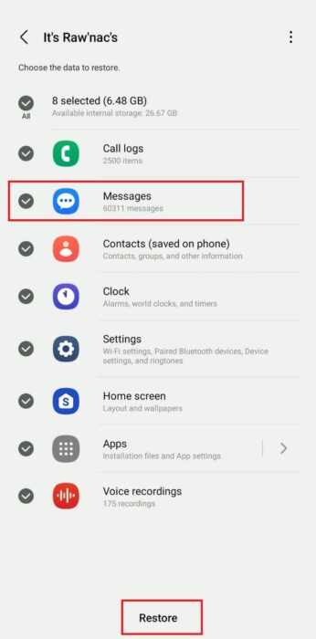 Select-Messages-and-tap-on-Restore-e1712269665586 اختفاء الرسائل النصية على هاتف Android؟ كيف تصلحها
