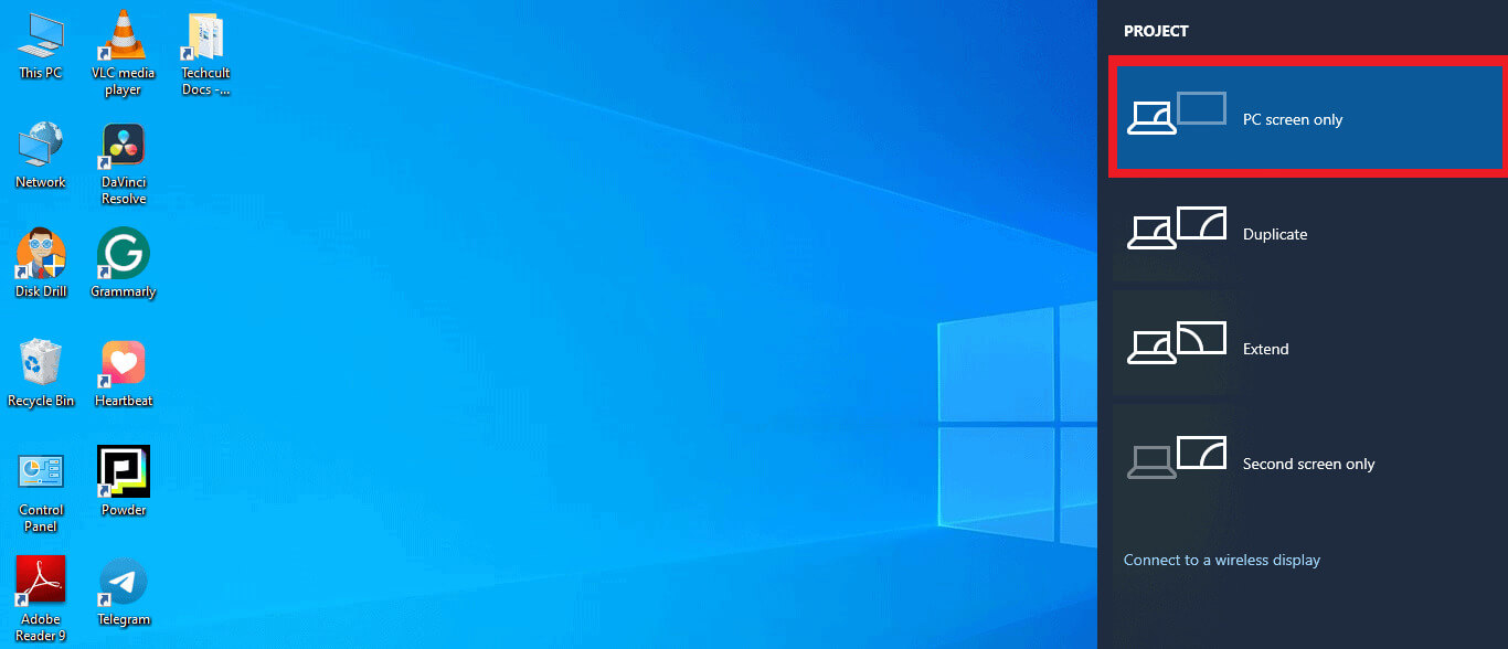 Select-PC-screen-only كيفية إيقاف تشغيل شاشة المرآة على Windows 10