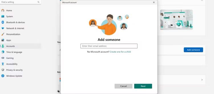 add-someone-to-family كيفية إعداد أدوات الرقابة الأبوية على نظام التشغيل Windows 11