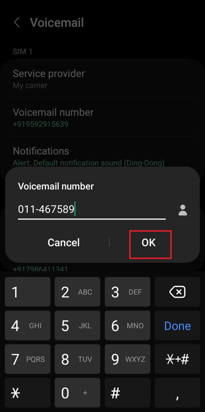 choose-ok-to-save-voicemail-number كيفية تغيير إعدادات البريد الصوتي من الإسبانية إلى الإنجليزية على أندرويد