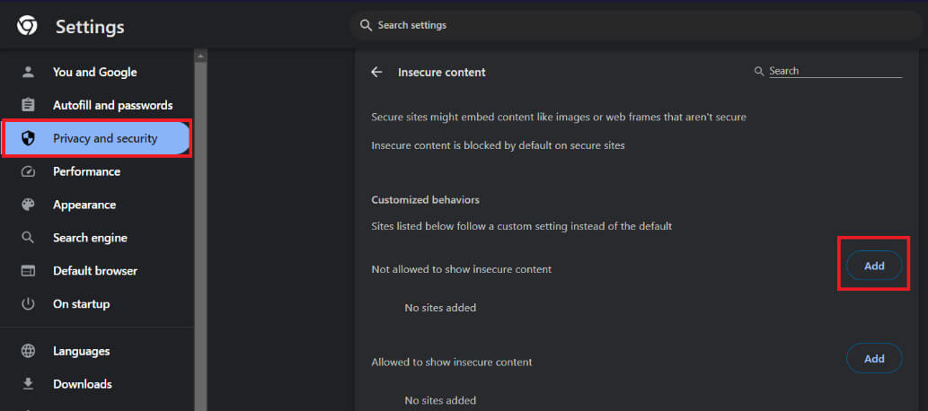 click-on-add-under-not-allowed-to-show-insecure-co-e1713855886219 خطوات إضافة المواقع الموثوقة في جوجل كروم على Windows 10