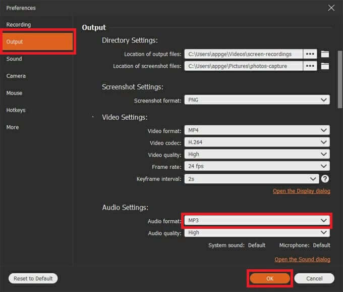 click-on-audio-format-and-select-mp3-then-ok كيفية تسجيل MP3 على Windows 10