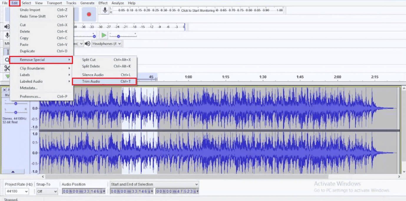 click-on-remove-special-and-select-trim-audio كيفية قص ملفات MP3 على Windows 10