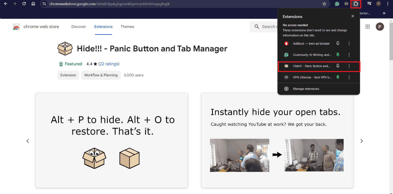 click-on-the-extension-icon-from-the-top-menu-and كيفية إخفاء علامات التبويب في Chrome على Windows 10