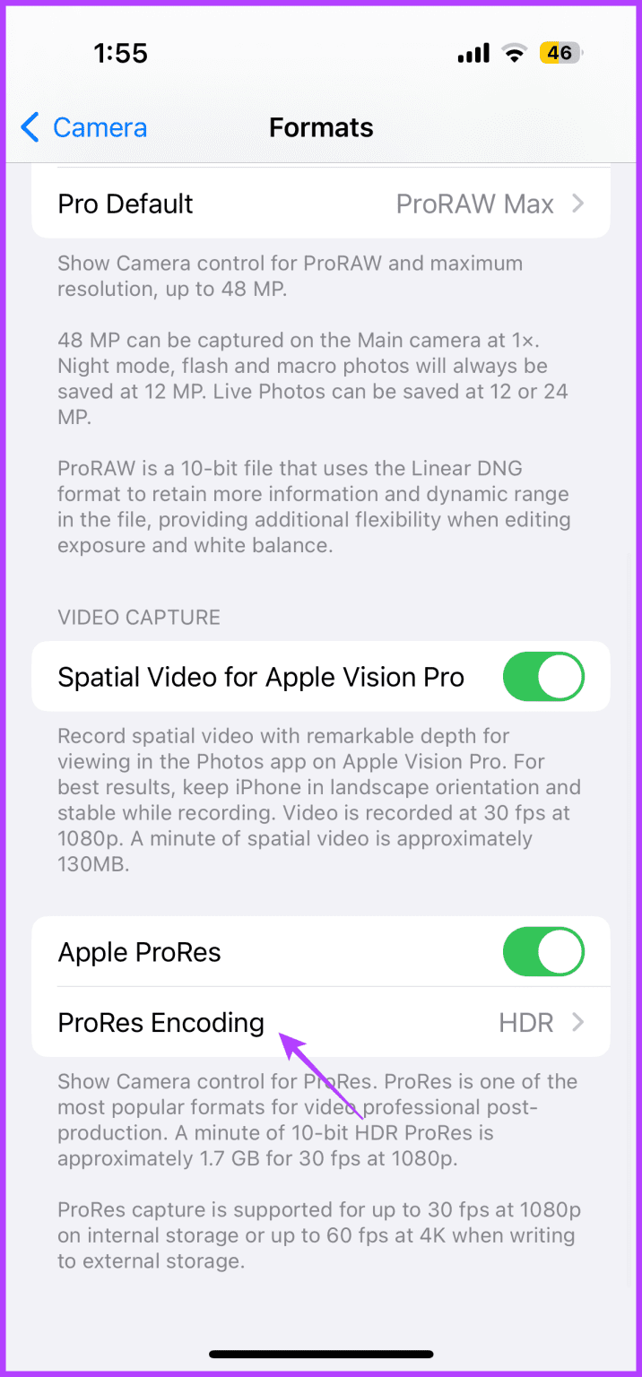 prores-log-716x1536-1 لماذا لا يعمل تسجيل الفيديو الخاص بـ iPhone 15 Pro وكيفية إصلاحه