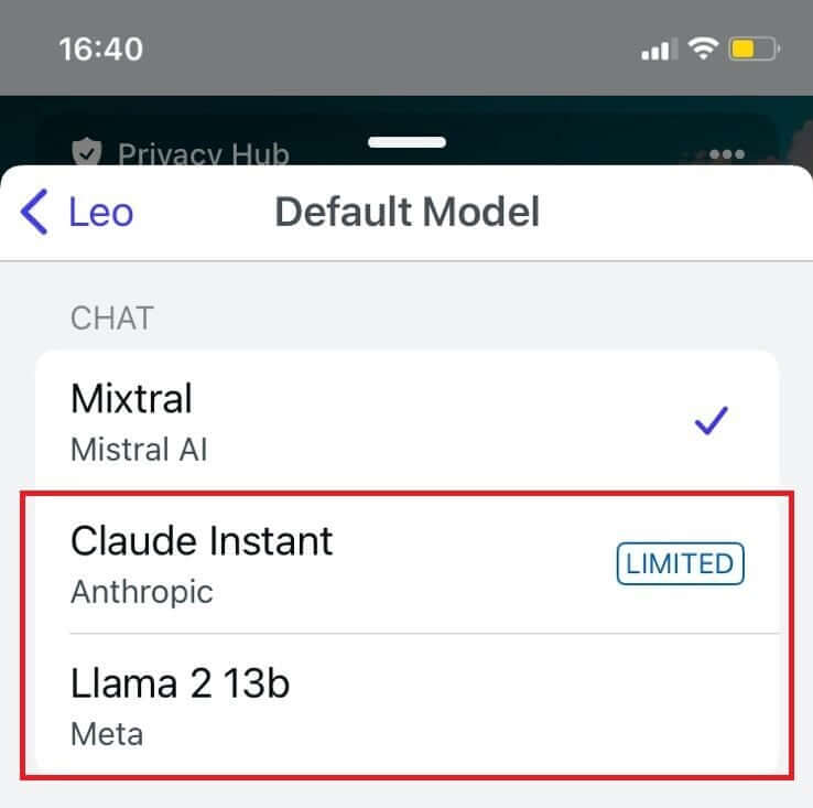 select-between-claude-instant-or-llama-2-13b-e1712299343507 كيفية استخدام Brave Leo على iPhone وiPad