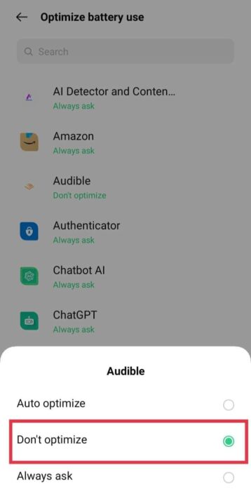 select-dont-optimize-e1712267320973 إصلاح استمرار Audible في التوقف عند قفل الشاشة على Android