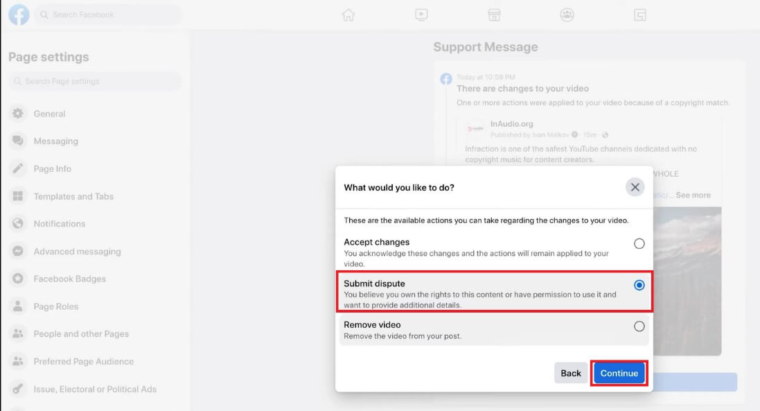 select-submit-dispute-and-click-on-continue-e1713788472901-1 طريقة إزالة حقوق الطبع والنشر من منشوراتك على فيسبوك