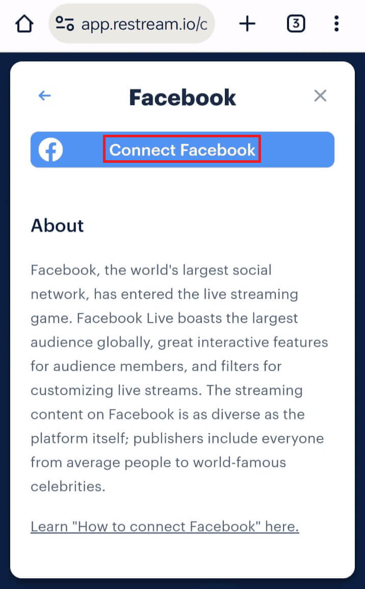 tap-on-connect-facebook كيفية البث المباشر على مجموعة Facebook (فردية أو متعددة)