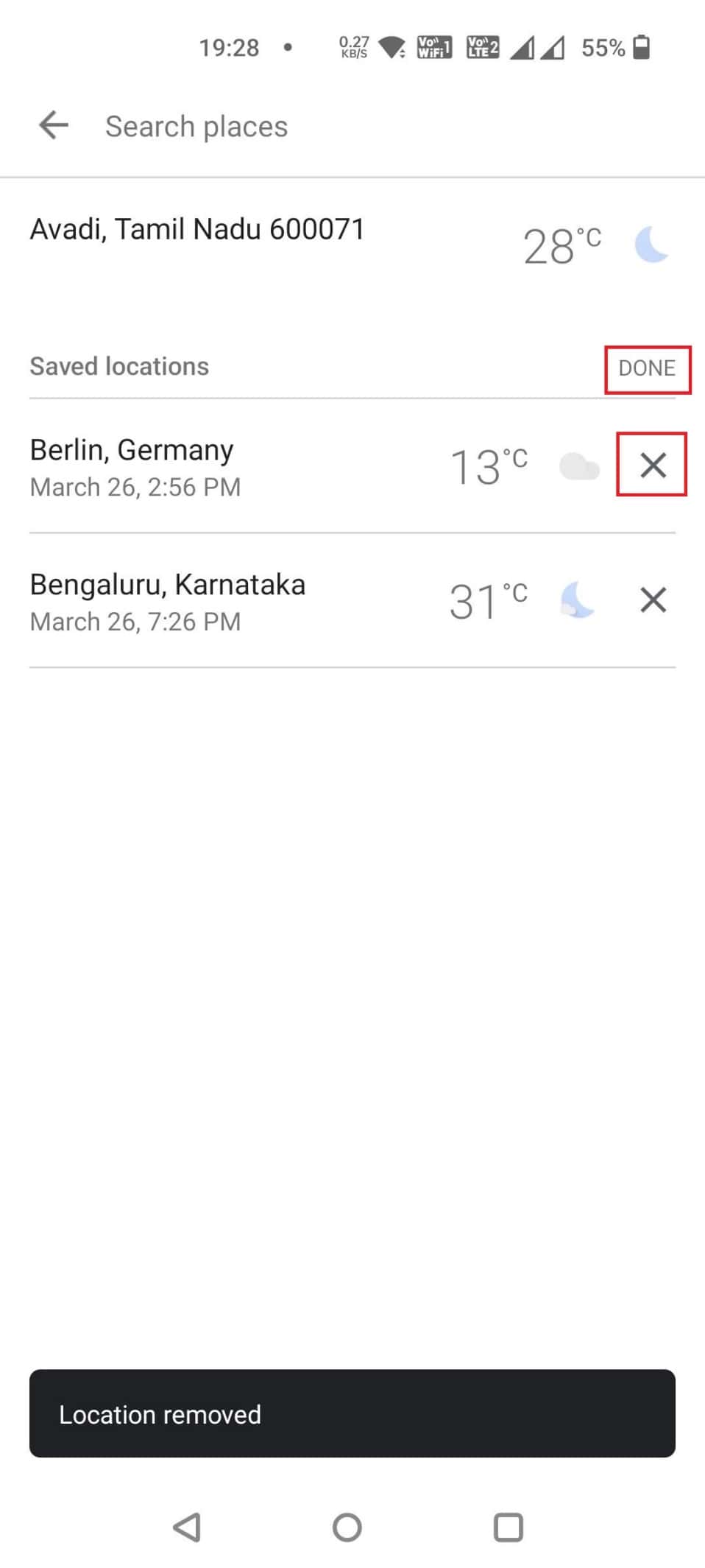 tap-on-the-cross-icon-and-select-done كيفية إزالة المدينة من تطبيق الطقس على Android