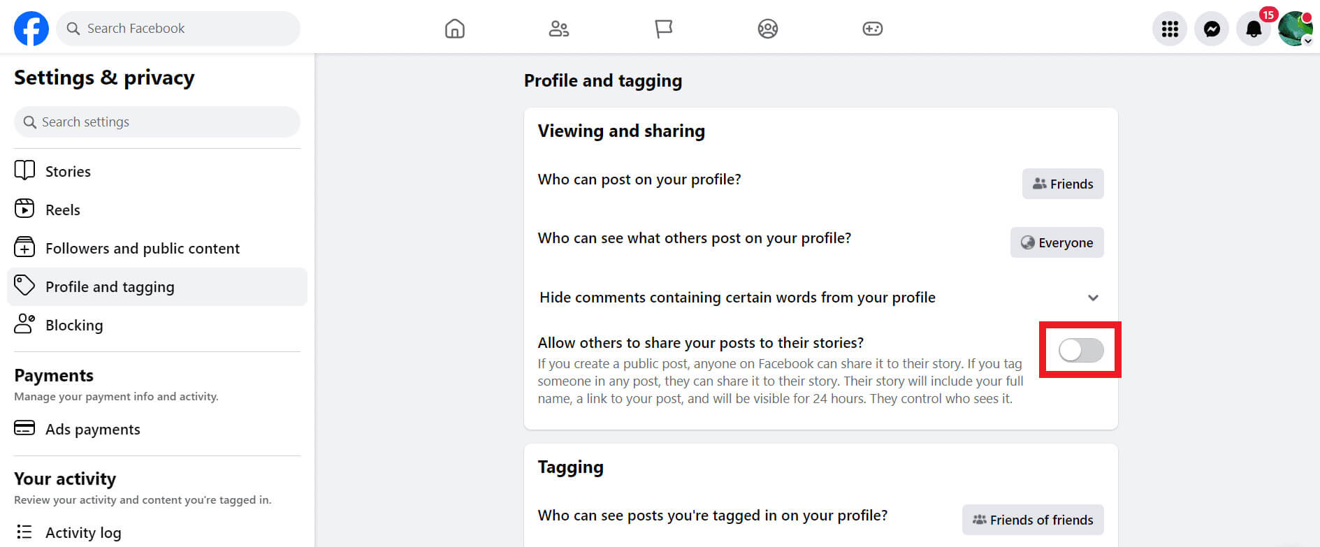 toggle-off-the-allow-others-to-share-your-posts-to كيفية تعطيل زر المشاركة على Facebook