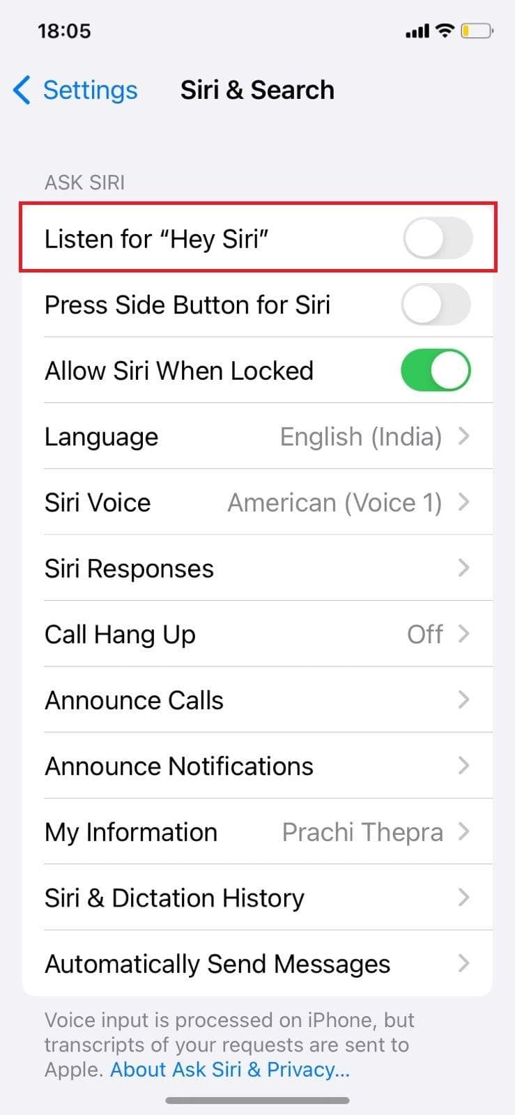 turn-the-toggle-off-for-listen-for-hey-siri كيفية منع Siri من الاستجابة للأصوات الأخرى والتعرف على صوتي فقط