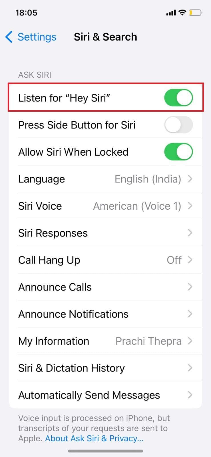 turn-the-toggle-on-listen-for-hey-siri-again كيفية منع Siri من الاستجابة للأصوات الأخرى والتعرف على صوتي فقط