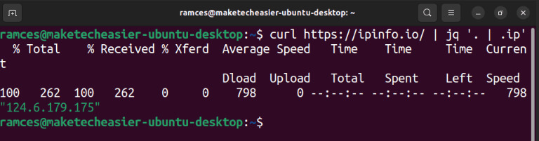 use-jq-json-linux-03-sample-ipinfo-jq-curl استخدام أمر jq لتحليل بيانات JSON على نظام Linux