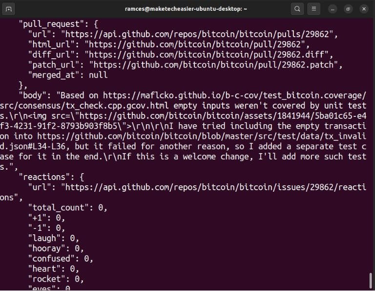 use-jq-json-linux-04-sample-github-api-output استخدام أمر jq لتحليل بيانات JSON على نظام Linux