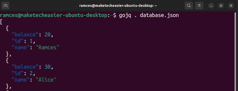 use-jq-json-linux-16-gojq-sample-database-read استخدام أمر jq لتحليل بيانات JSON على نظام Linux
