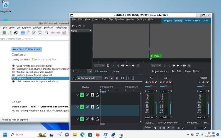 wsl-kdenlive-and-wireshark-open كيف (ولماذا) تشغل تطبيقات Ubuntu على Windows 11