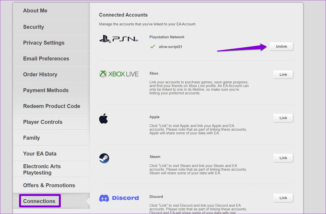 Unlink-Your-PSN-Account-From-EA طريقتان لإصلاح خطأ "لا يمكن الاتصال باستخدام SSL" على PS4 أو PS5